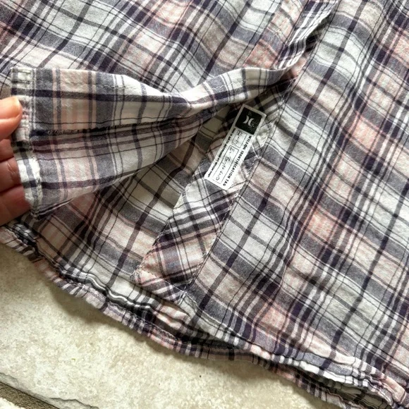 Hurley Lightweight Pink/Purple/White Plaid Button Down Blouse - Picture 7 of 11